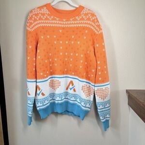 ROODY  Mens Orange Teal Christmas Winter Sweater Crewneck Pullover Hearts Checks